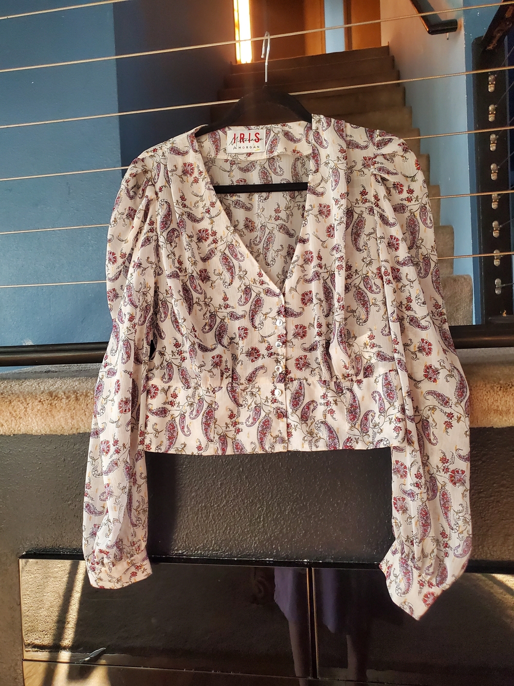 Morgan de Toi Cream Paisley V-Neck Button Blouse with Purple & Burgundy Print